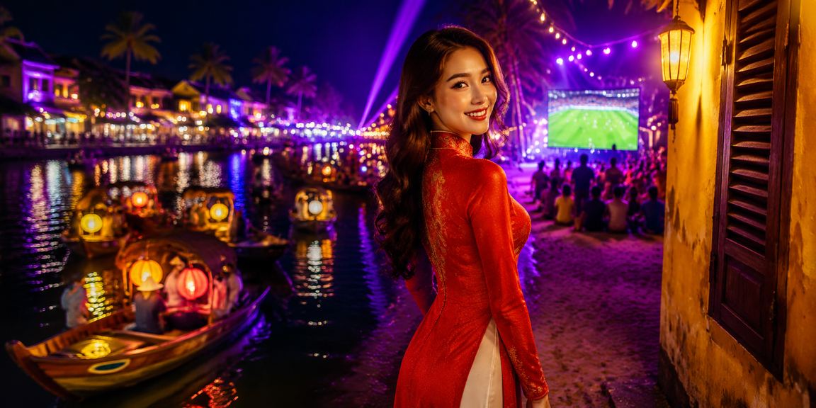Cô gái mặc áo dài xem và đặt cược bóng đá tại Hội An trong không gian đèn lồng lung linh